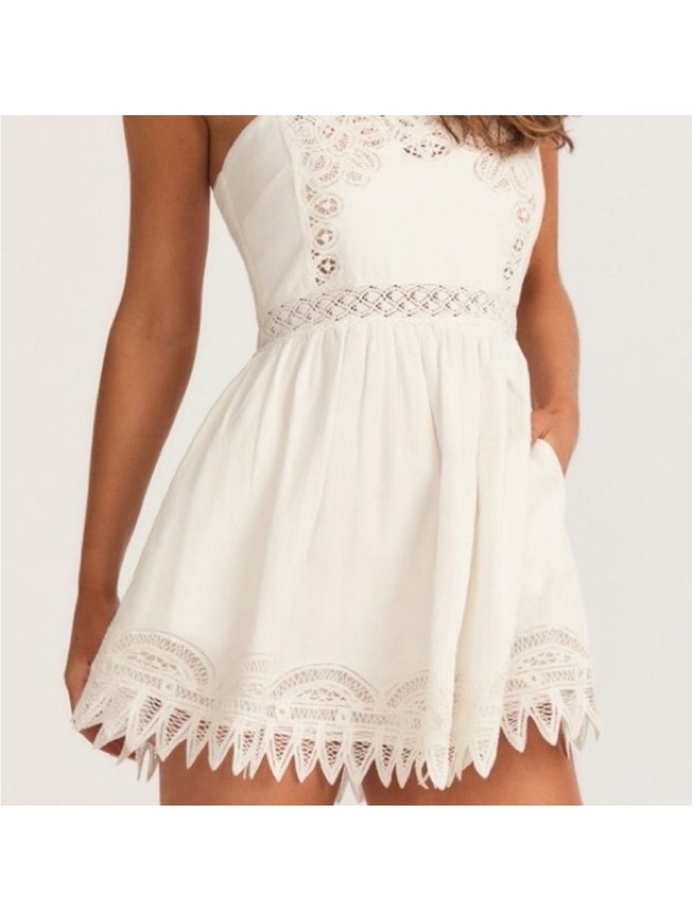 NWT White Eyelet Lace Mini Dress Cross Back Pockets Cottagecore Size Large. - Picture 10 of 14